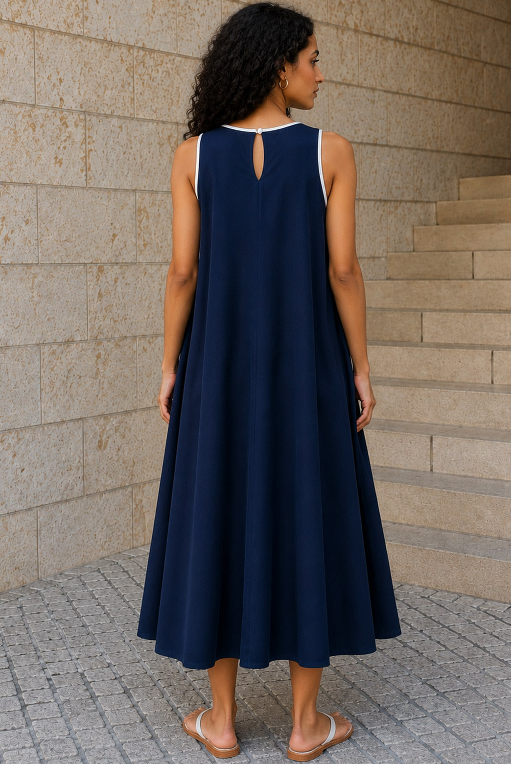 Navy A Line Poplin Maxi Dress