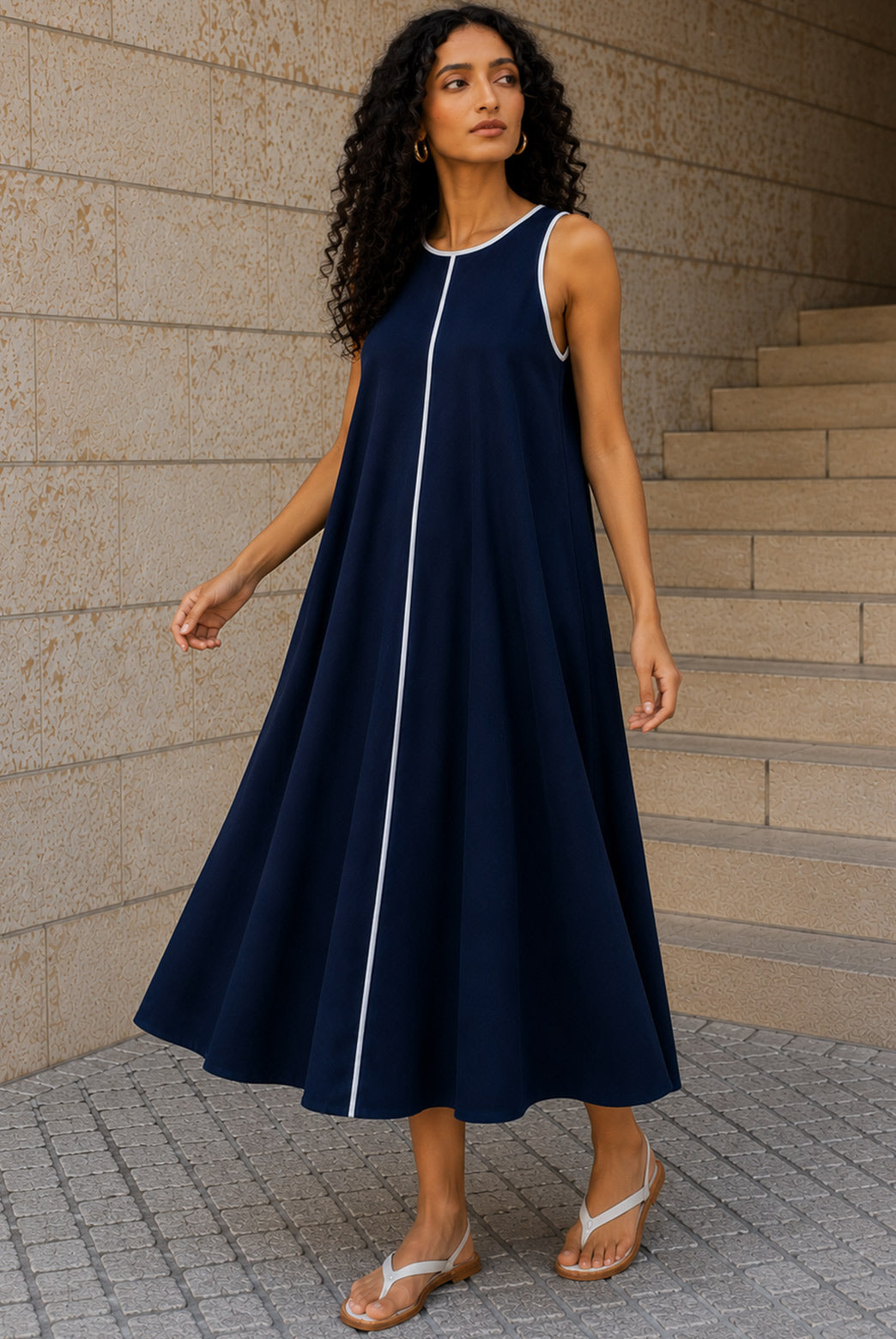 Navy A Line Poplin Maxi Dress