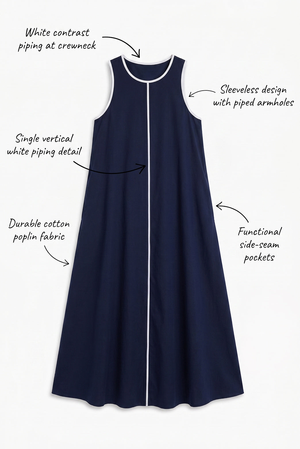 Navy A Line Poplin Maxi Dress