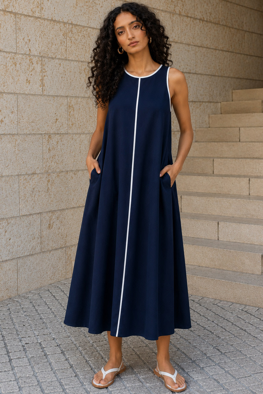 Navy A Line Poplin Maxi Dress