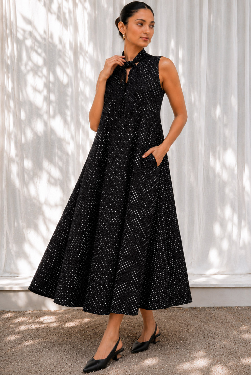 Midnight Polka Tie-Neck Maxi Dress