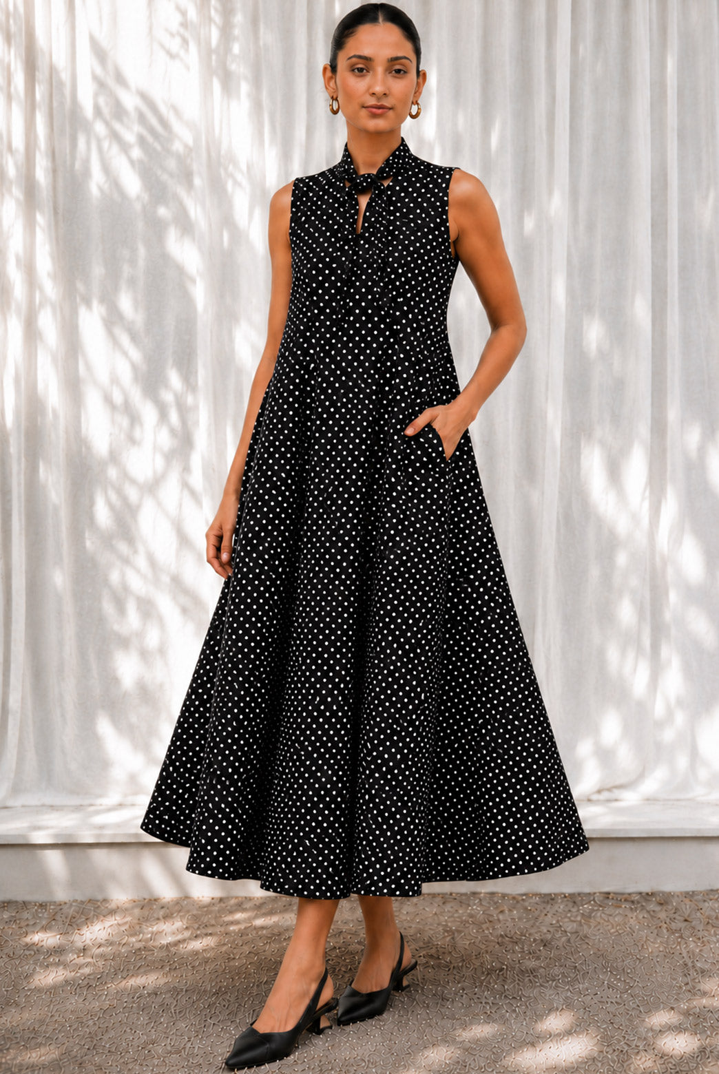 Midnight Polka Tie-Neck Maxi Dress