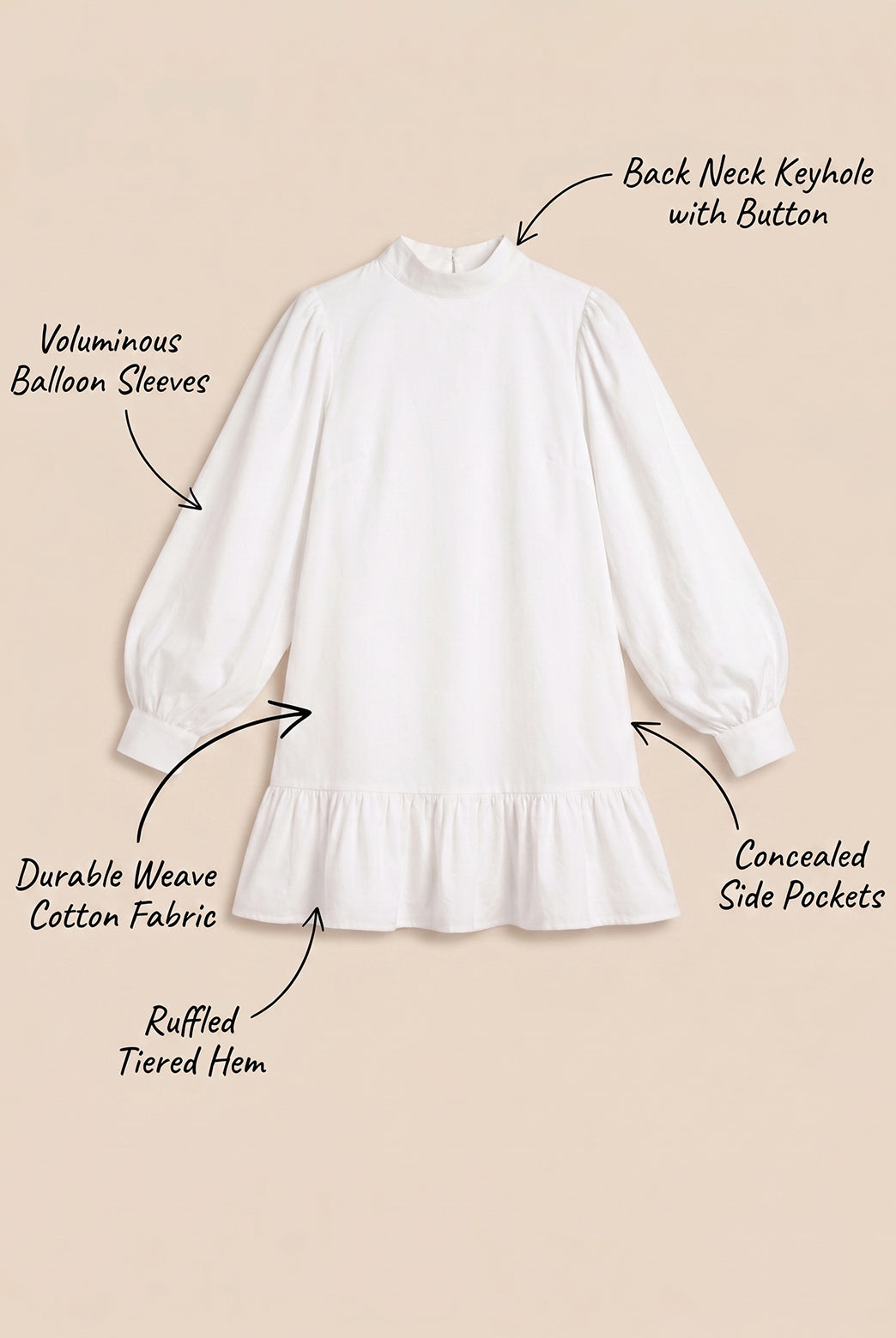 Ivory Balloon Sleeve Cotton Mini Dress