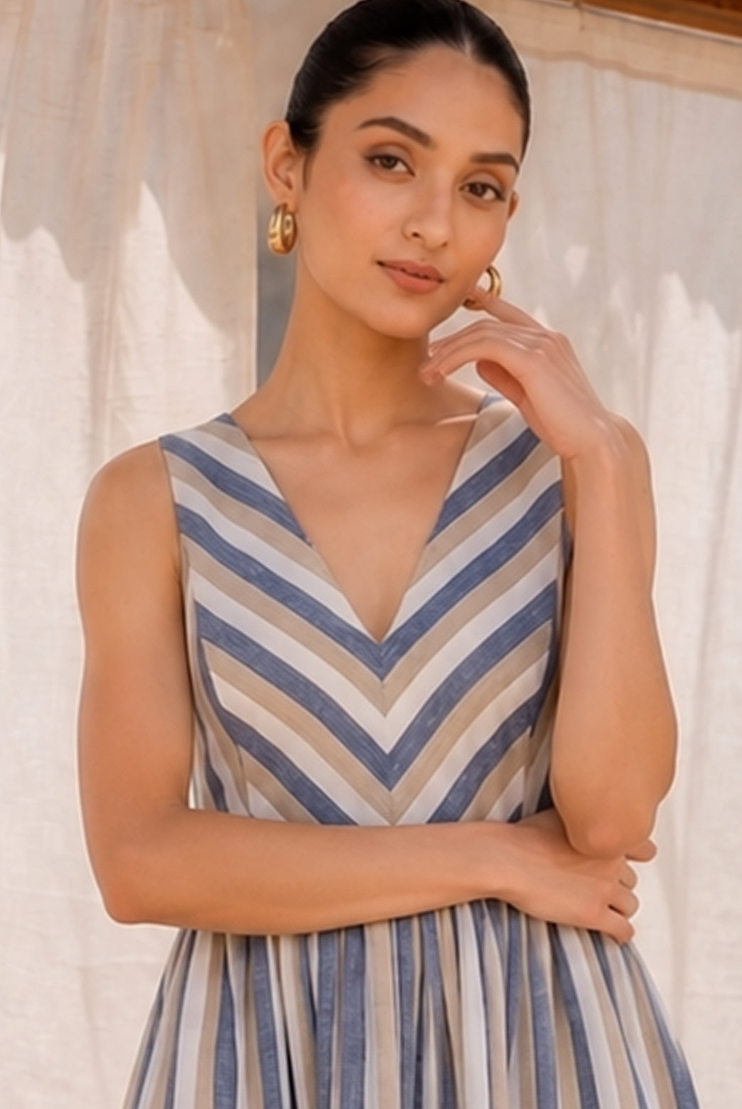 Blue & White Chevron Stripes Midi Dress