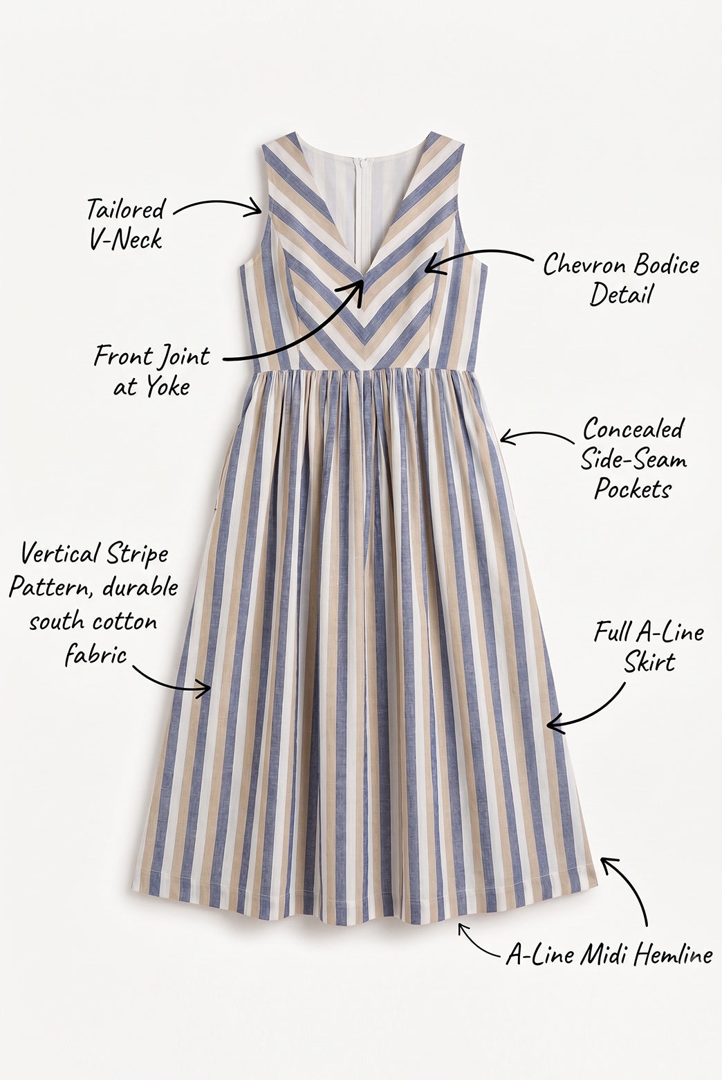 Blue & White Chevron Stripes Midi Dress