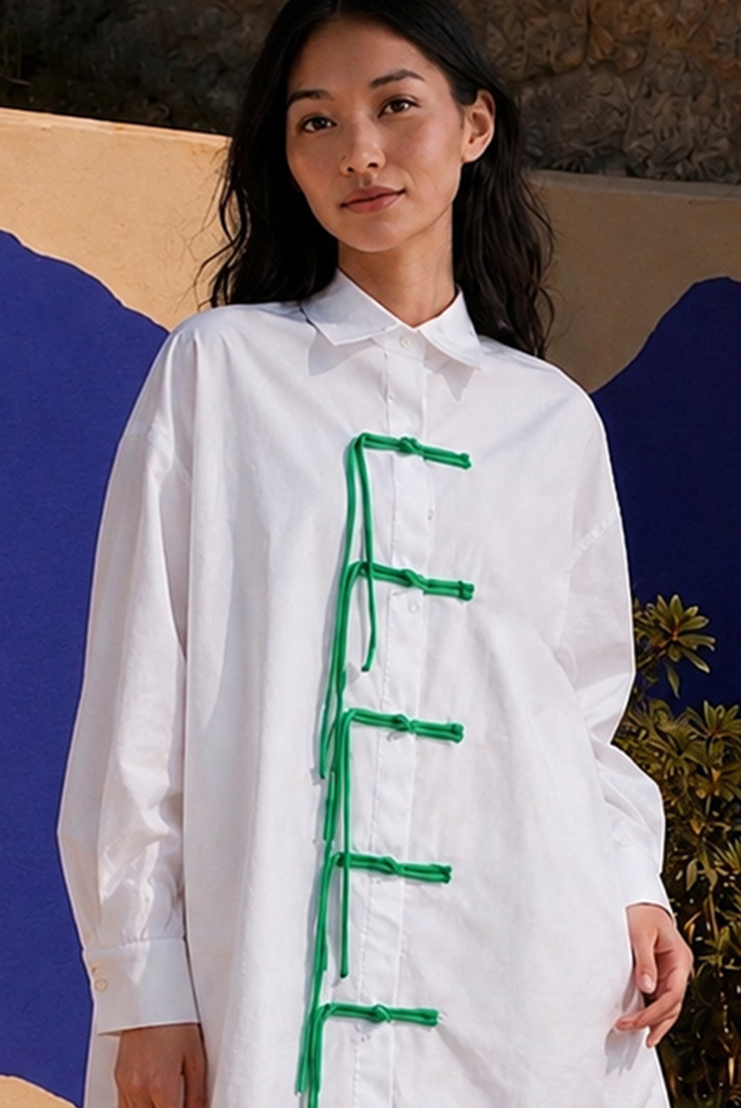 White Poplin Shirt Dress with Green Frog Closures.