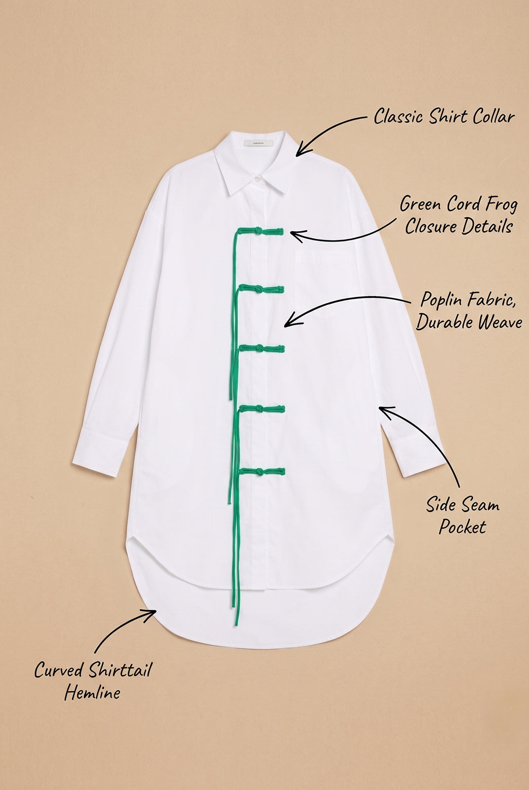 White Poplin Shirt Dress with Green Frog Closures.