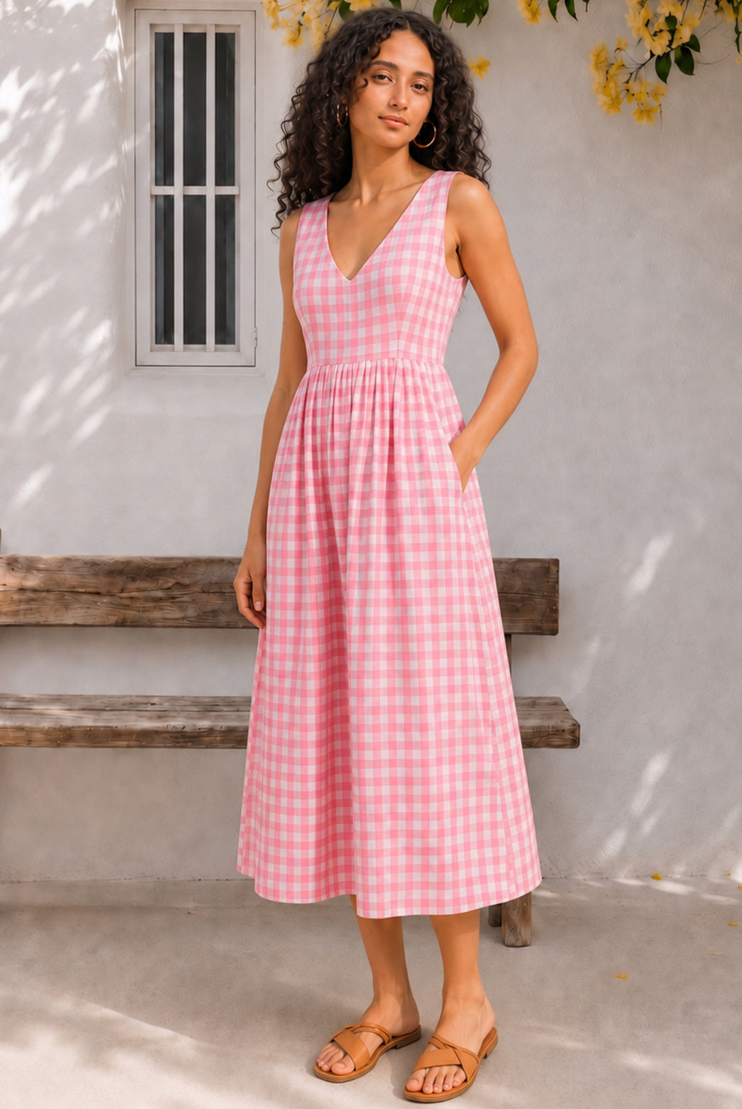 Blush Pink Gingham Crossover Back Maxi Dress