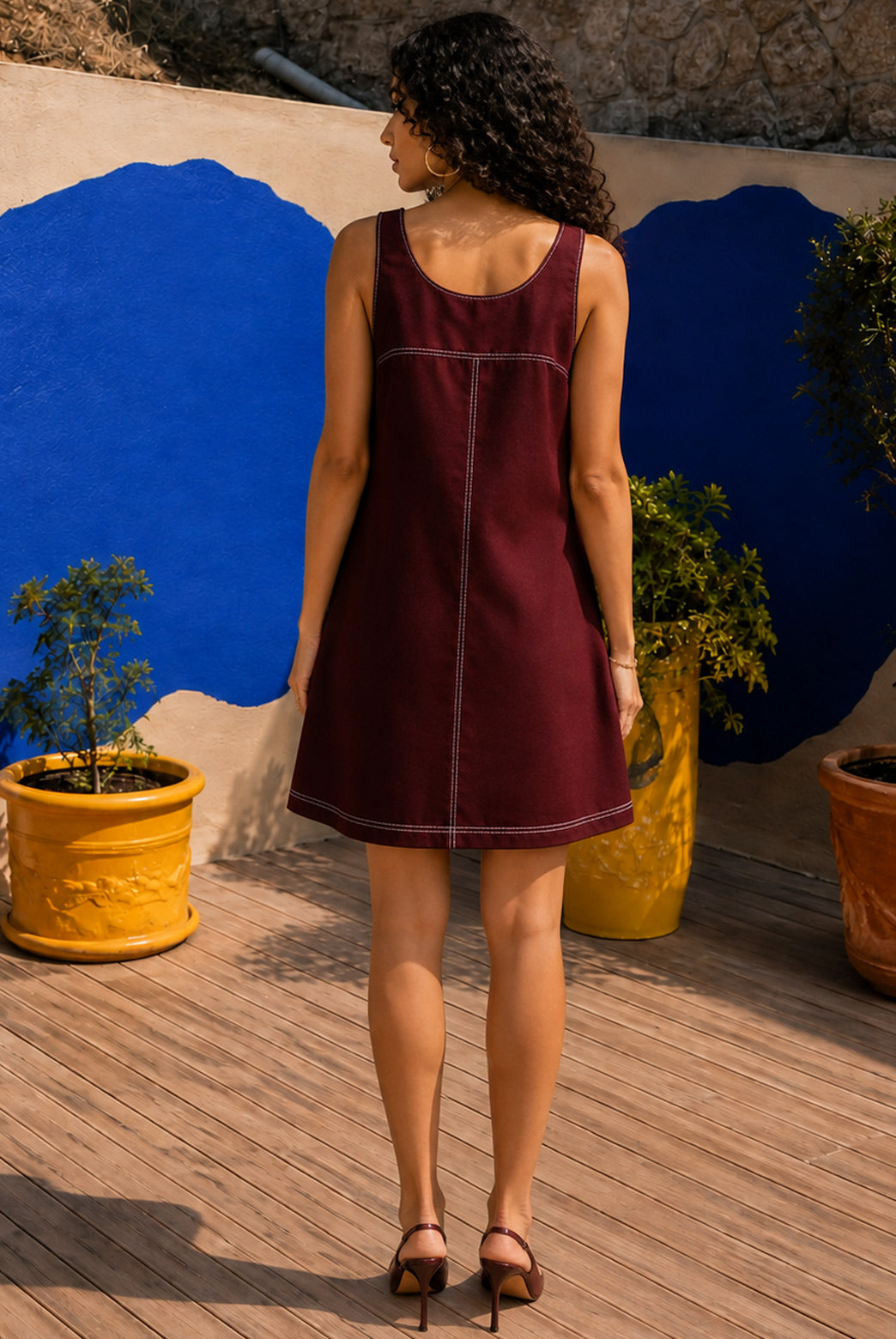 Maroon Cotton Flax Contrast Stitch Mini Dress