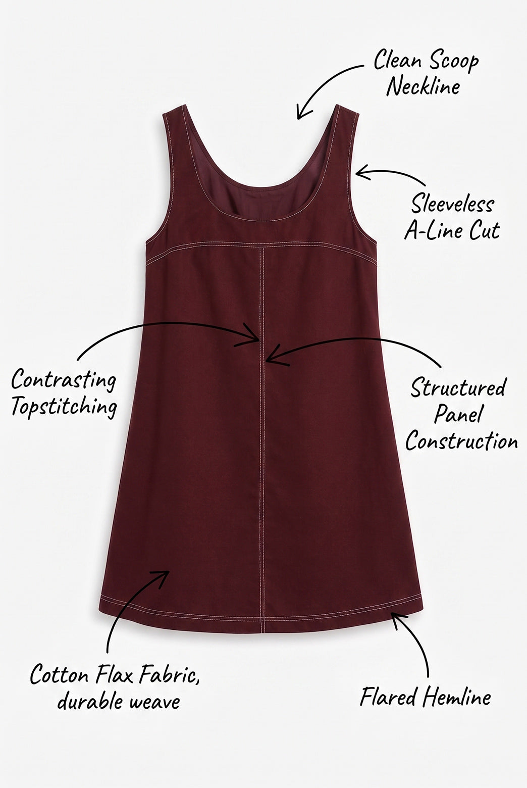 Maroon Cotton Flax Contrast Stitch Mini Dress