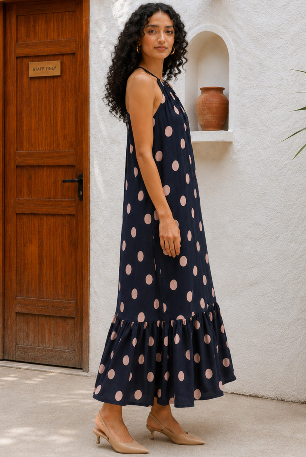 Navy Polka Dot Halter Tiered Maxi Dress