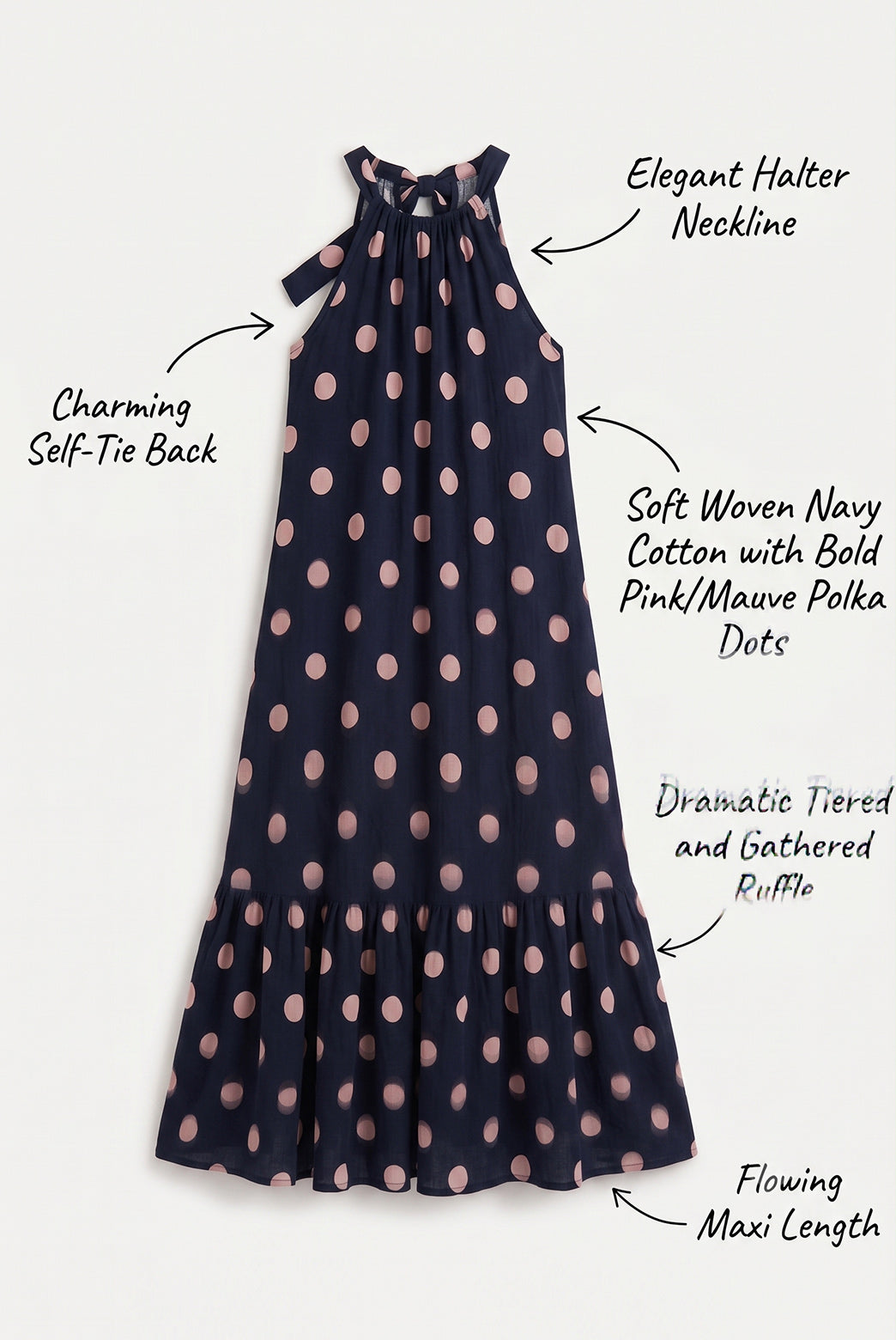 Navy Polka Dot Halter Tiered Maxi Dress