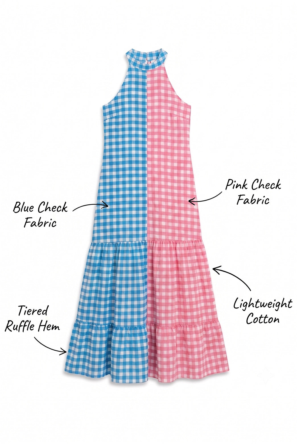 Blue & Pink Gingham Color Blocked Maxi Dress