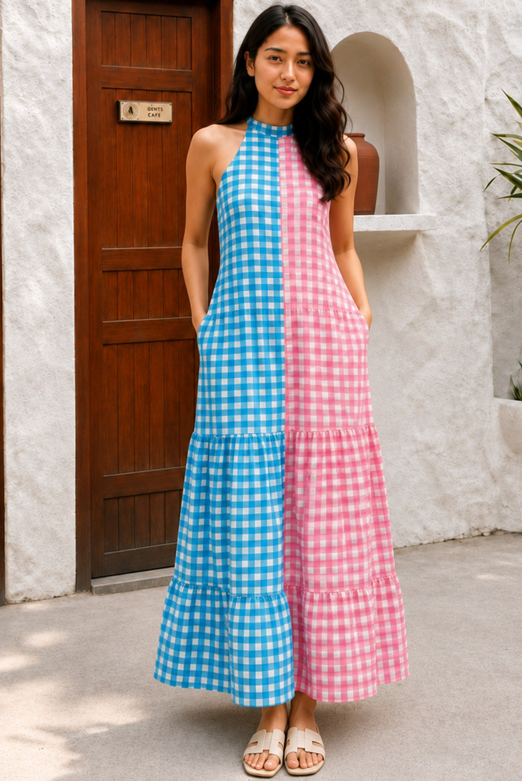 Blue & Pink Gingham Color Blocked Maxi Dress