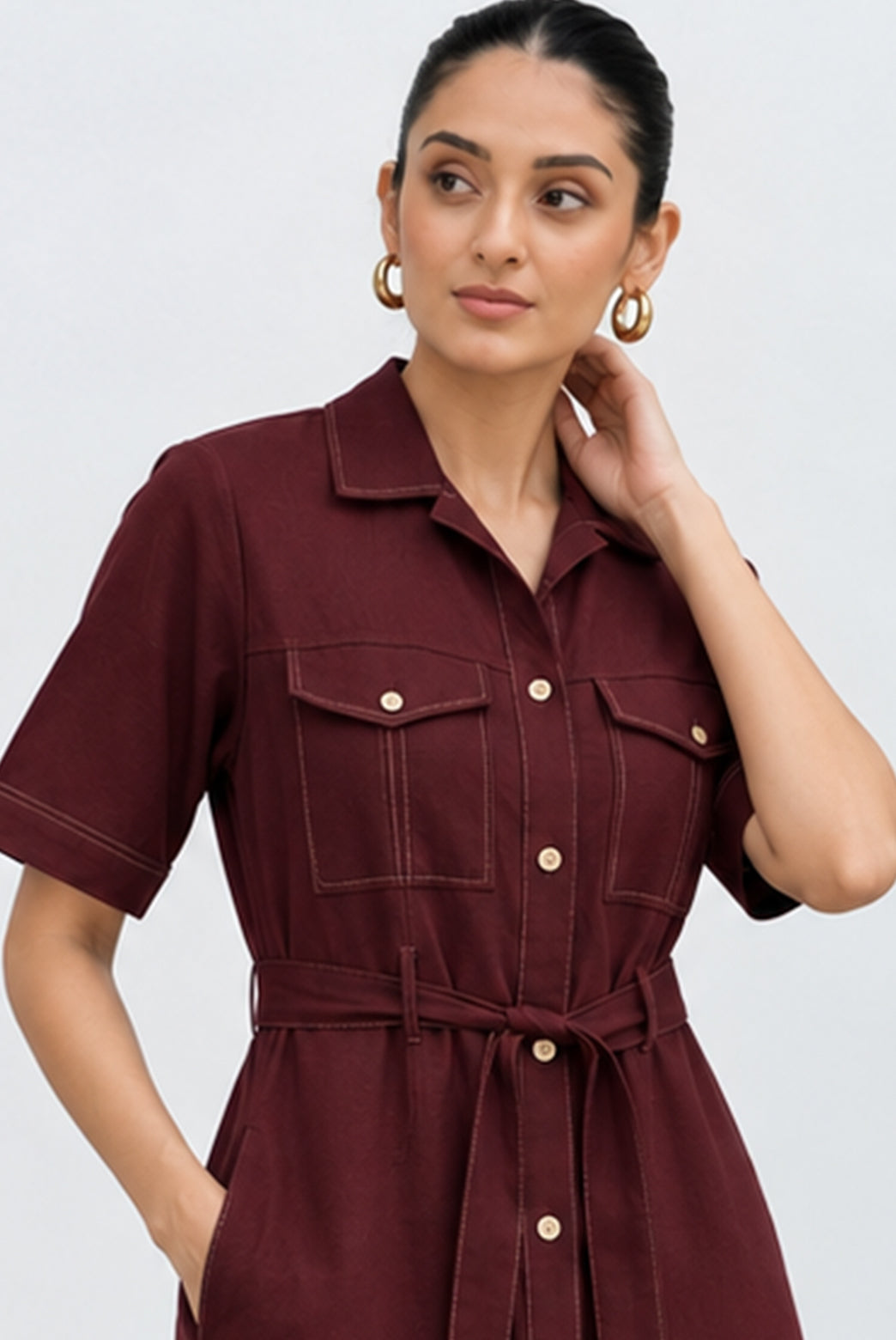 Burgundy Cotton Flax Belted Shirt Midi Dress