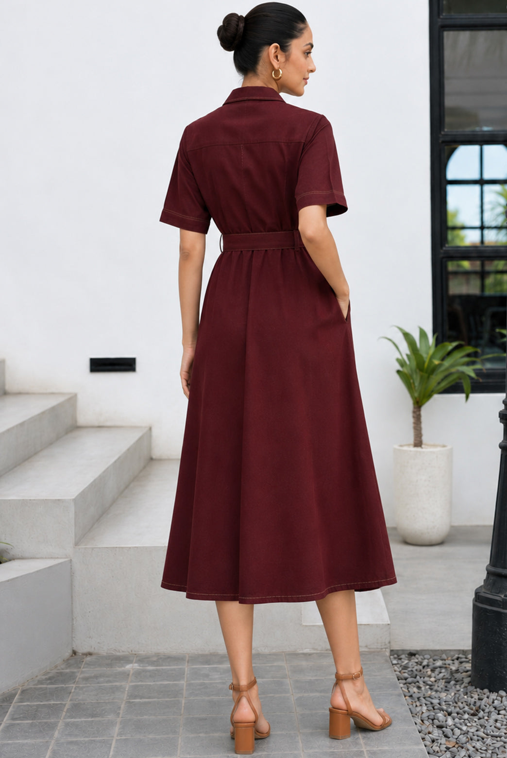 Burgundy Cotton Flax Belted Shirt Midi Dress