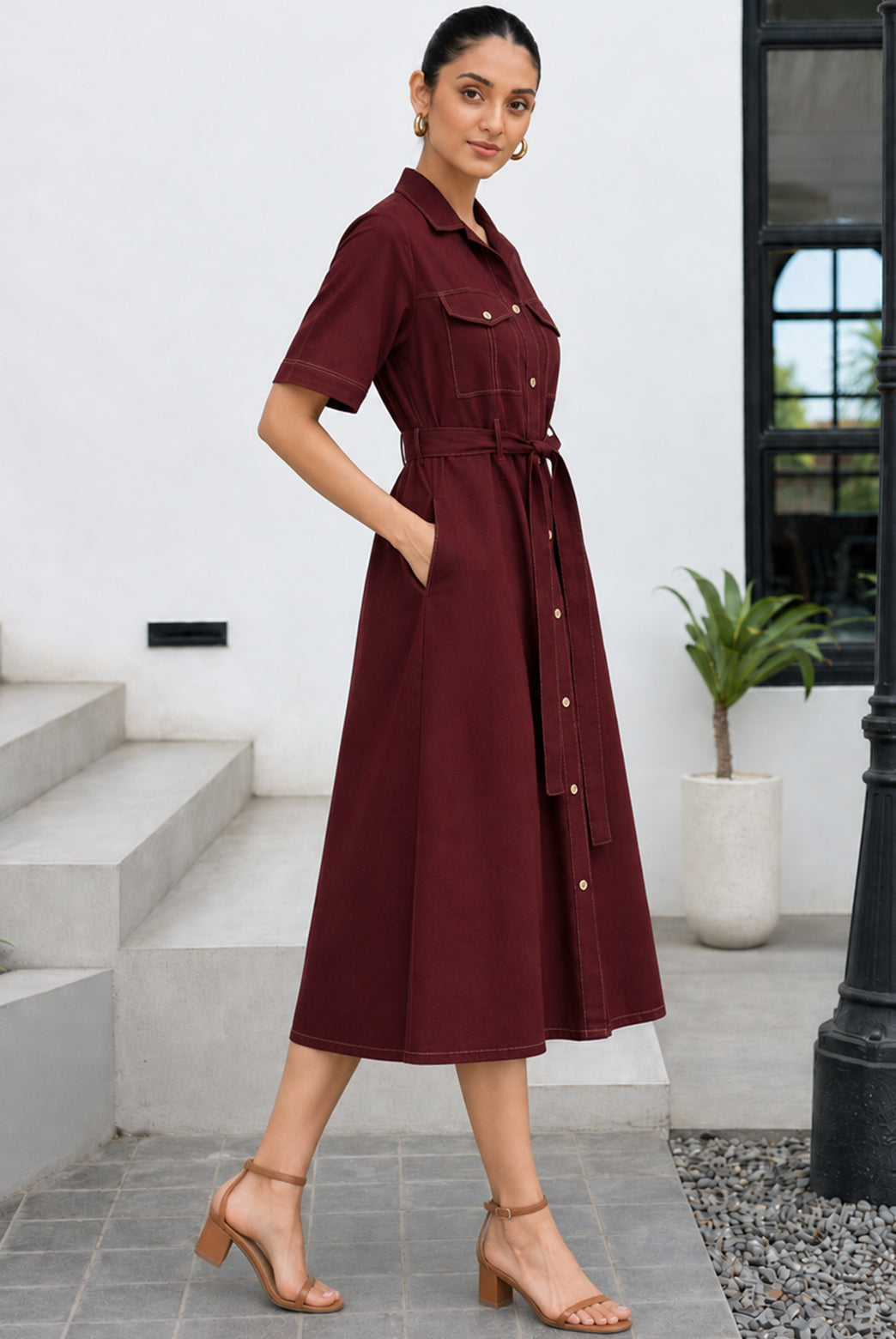 Burgundy Cotton Flax Belted Shirt Midi Dress