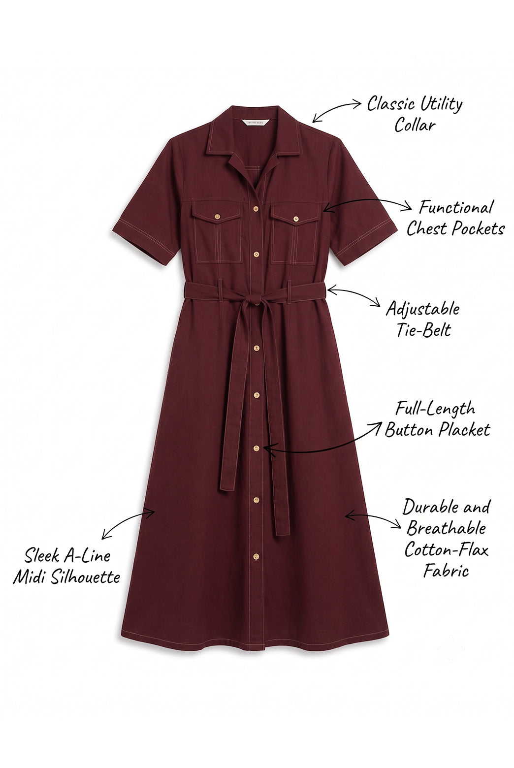 Burgundy Cotton Flax Belted Shirt Midi Dress