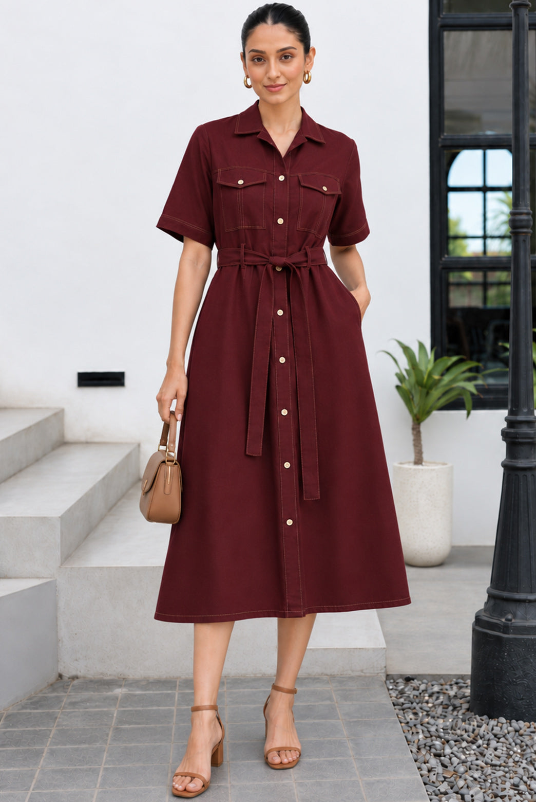 Burgundy Cotton Flax Belted Shirt Midi Dress