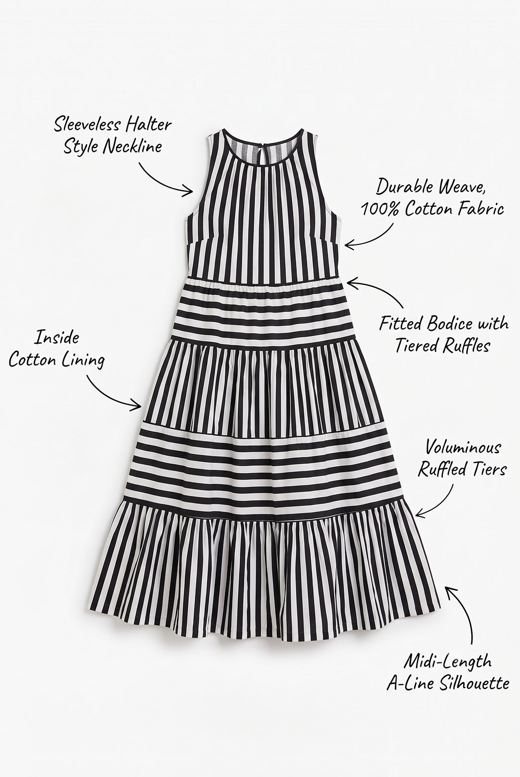 Black & White Stripes Tiered Midi Dress