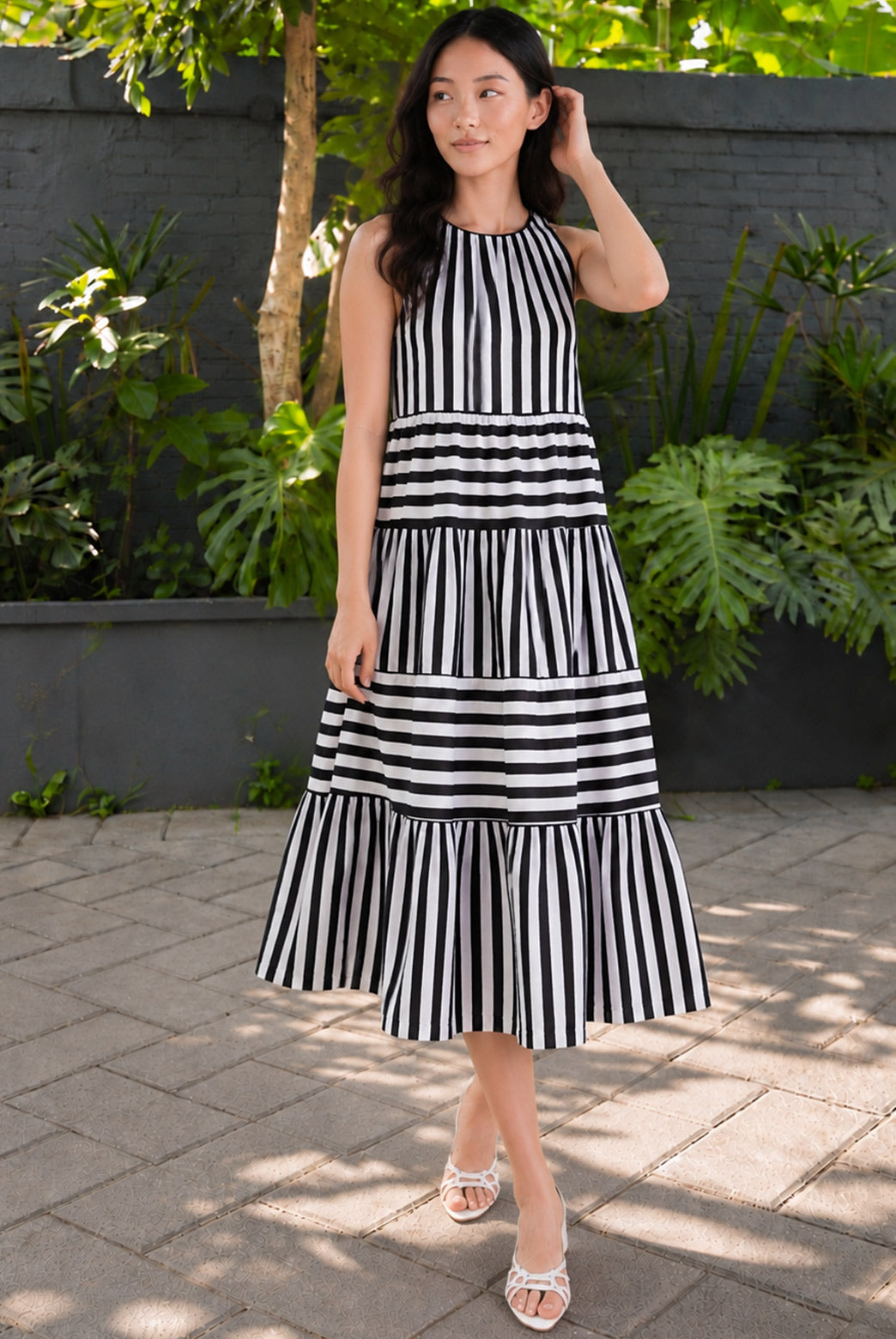 Black & White Stripes Tiered Midi Dress