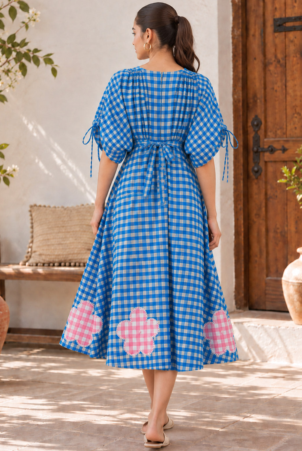 Blue Gingham Floral Applique Midi Dress