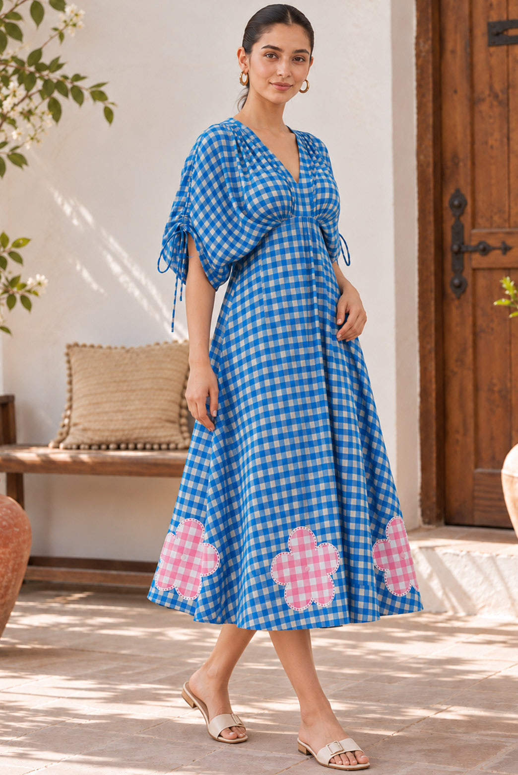 Blue Gingham Floral Applique Midi Dress