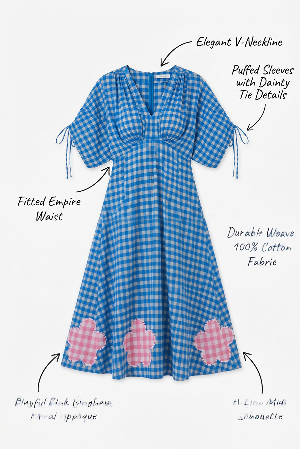 Blue Gingham Floral Applique Midi Dress