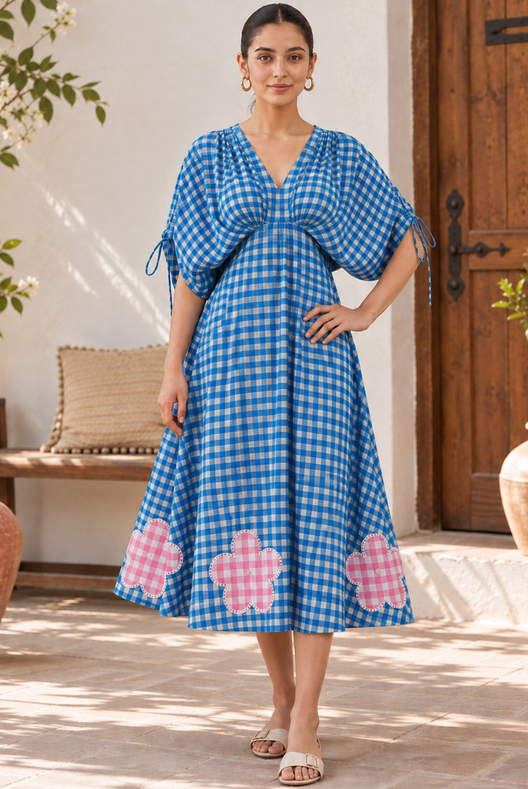 Blue Gingham Floral Applique Midi Dress