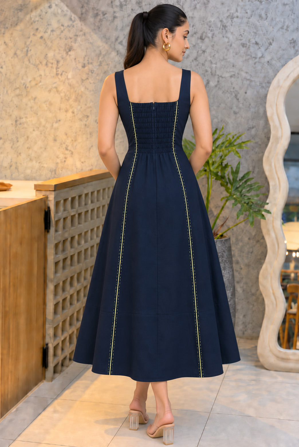 Midnight Cotton Poplin Hand Stitch Midi Dress