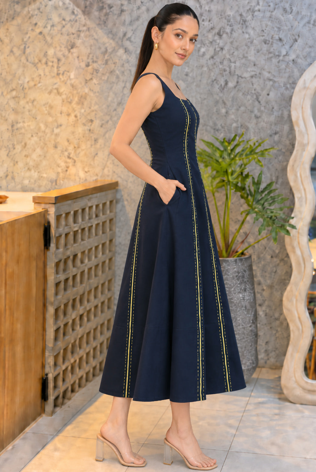 Midnight Cotton Poplin Hand Stitch Midi Dress