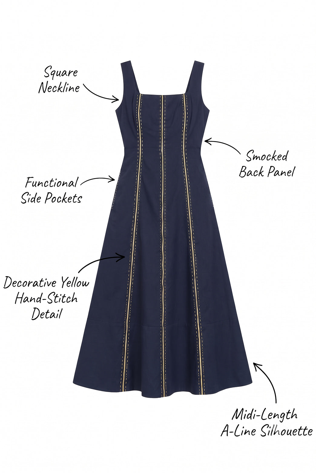 Midnight Cotton Poplin Hand Stitch Midi Dress