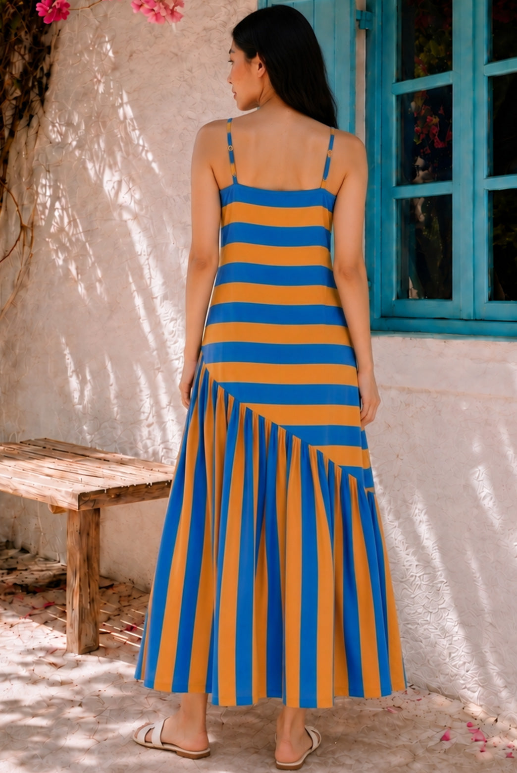 Blue & Orange Stripe Tiered Maxi Dress
