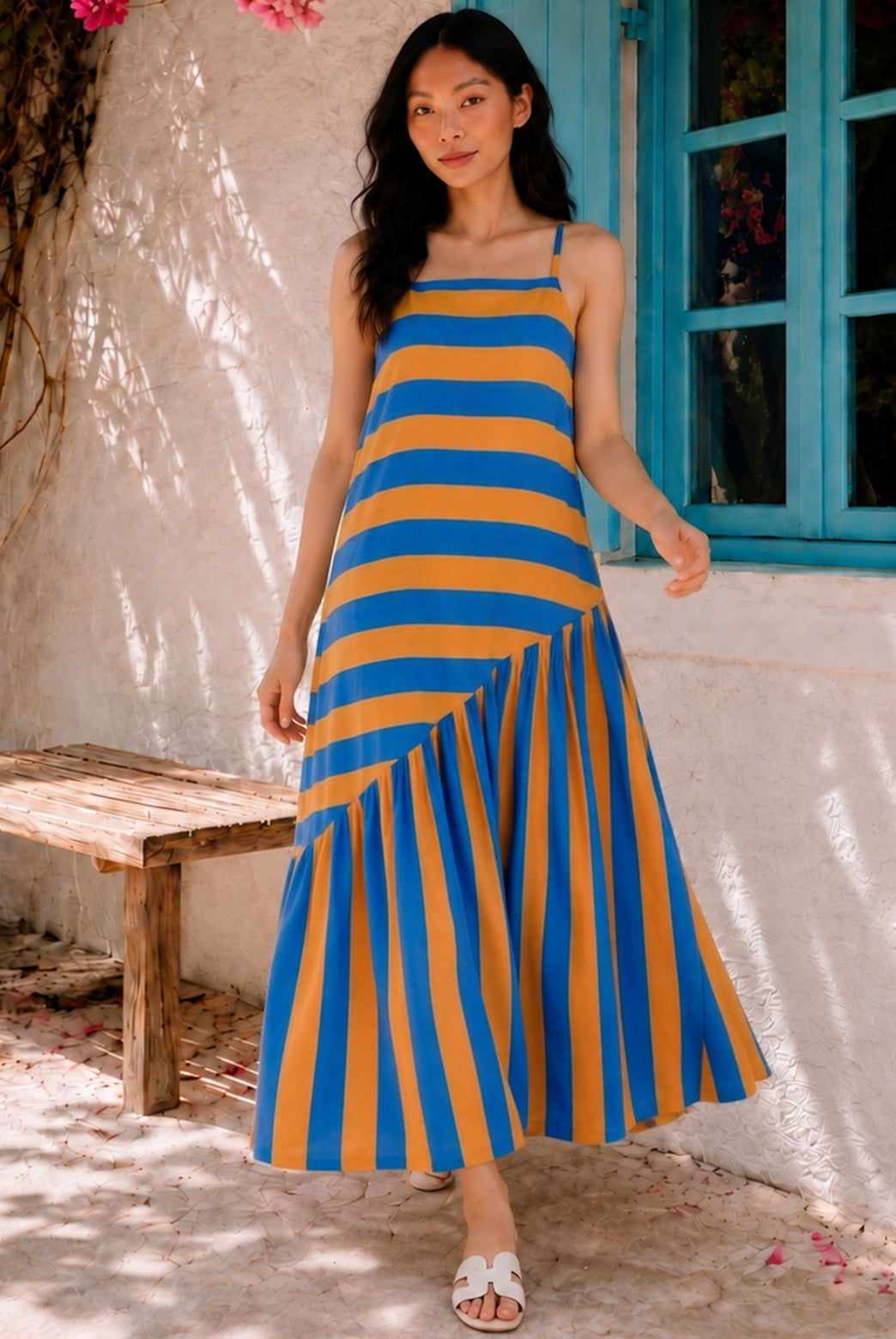 Blue & Orange Stripe Tiered Maxi Dress