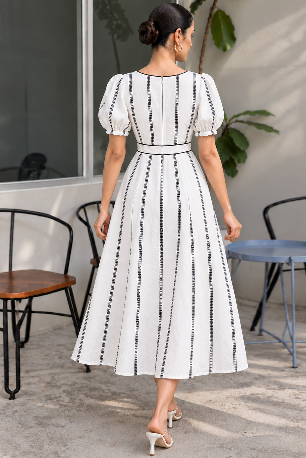 White Striped V Neck Midi Dress