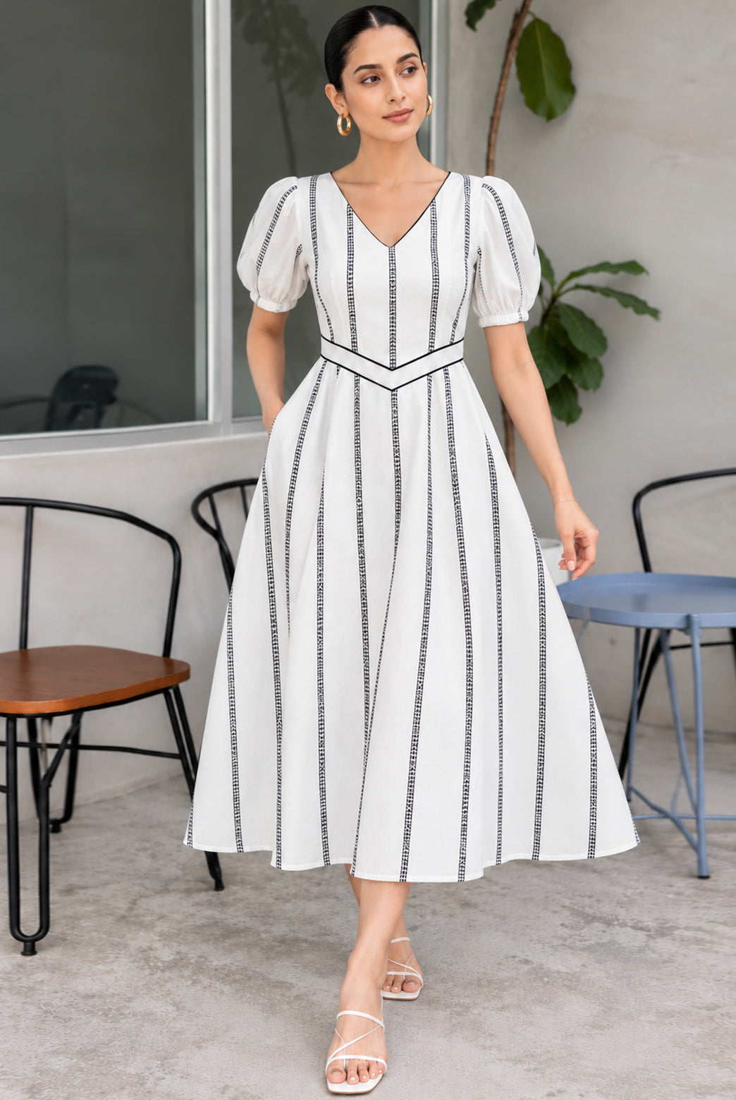 White Striped V Neck Midi Dress