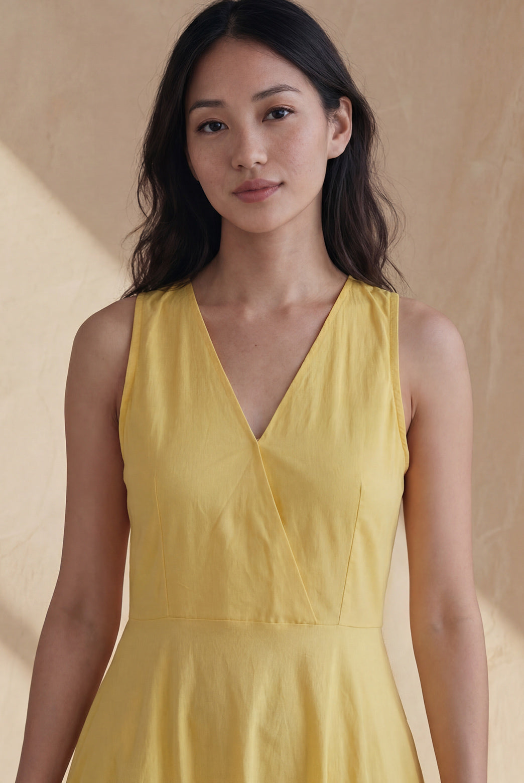 Sunshine Yellow Cotton V-Neck Midi Dress