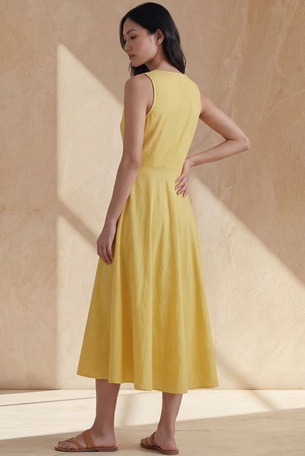 Sunshine Yellow Cotton V-Neck Midi Dress
