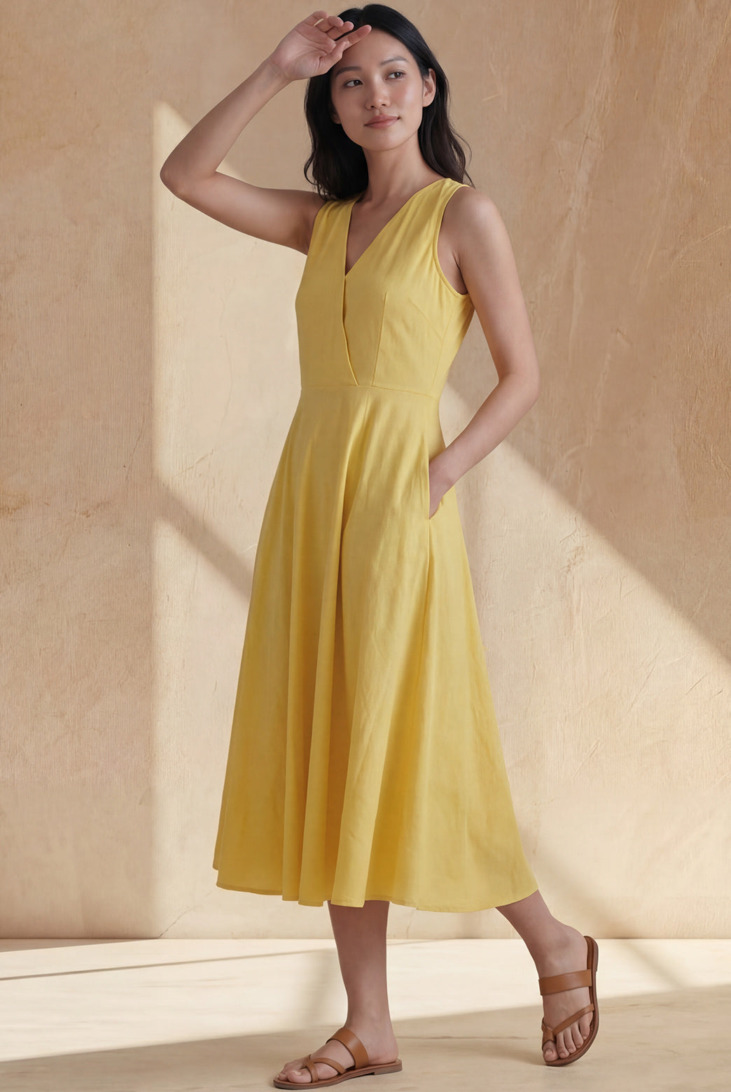 Sunshine Yellow Cotton V-Neck Midi Dress