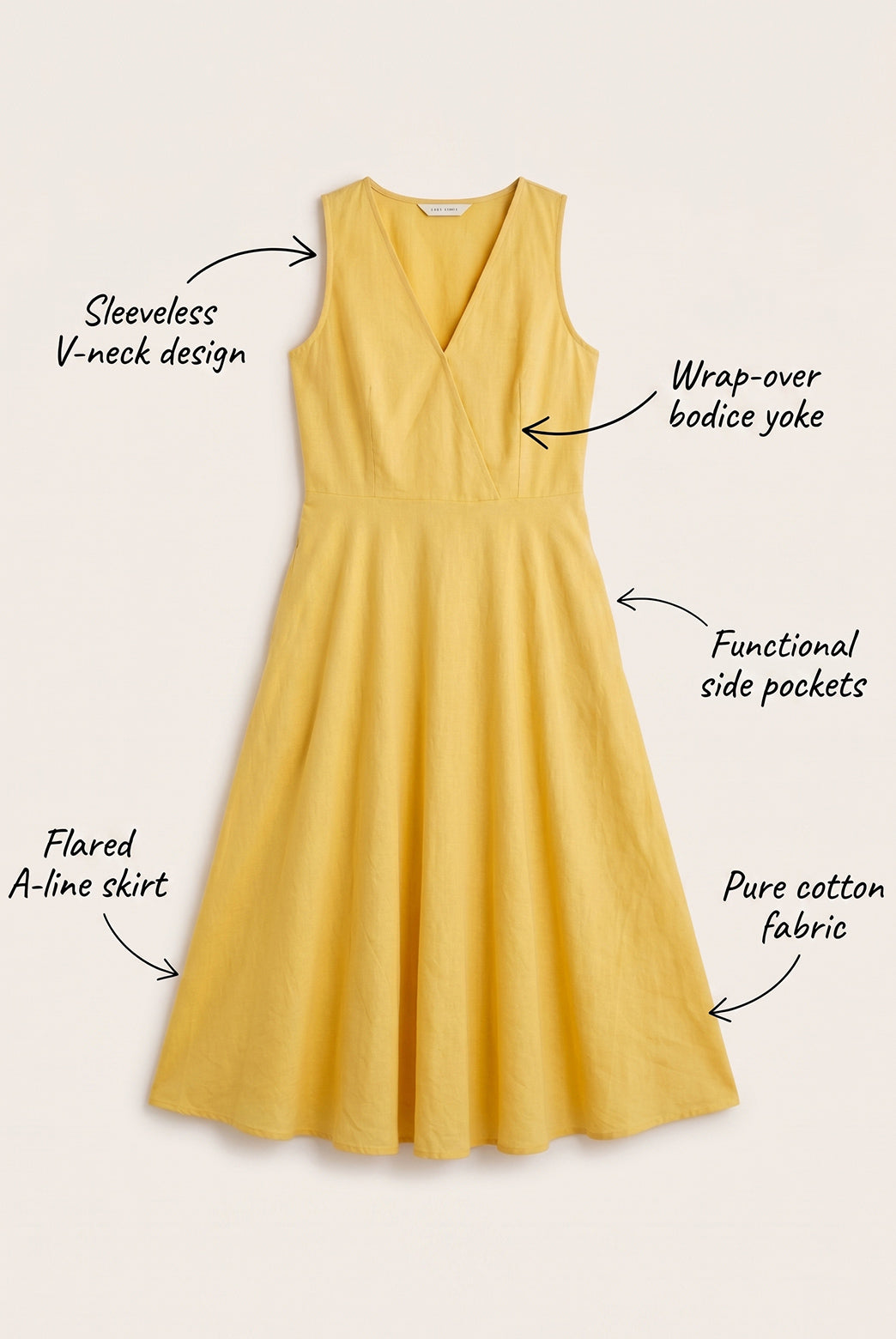 Sunshine Yellow Cotton V-Neck Midi Dress