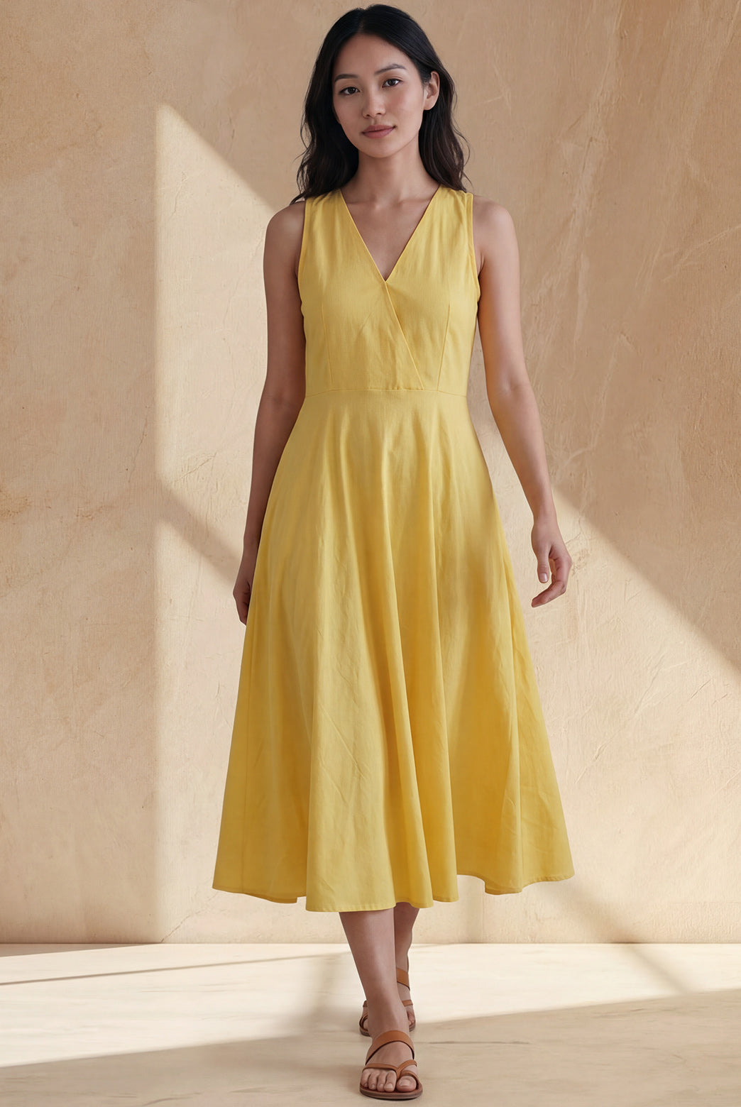 Sunshine Yellow Cotton V-Neck Midi Dress