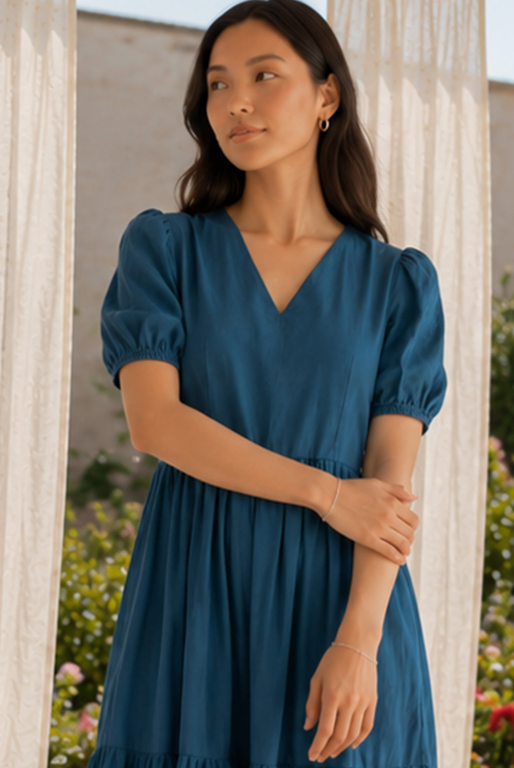 Teal Blue Puff Sleeved Midi Dress