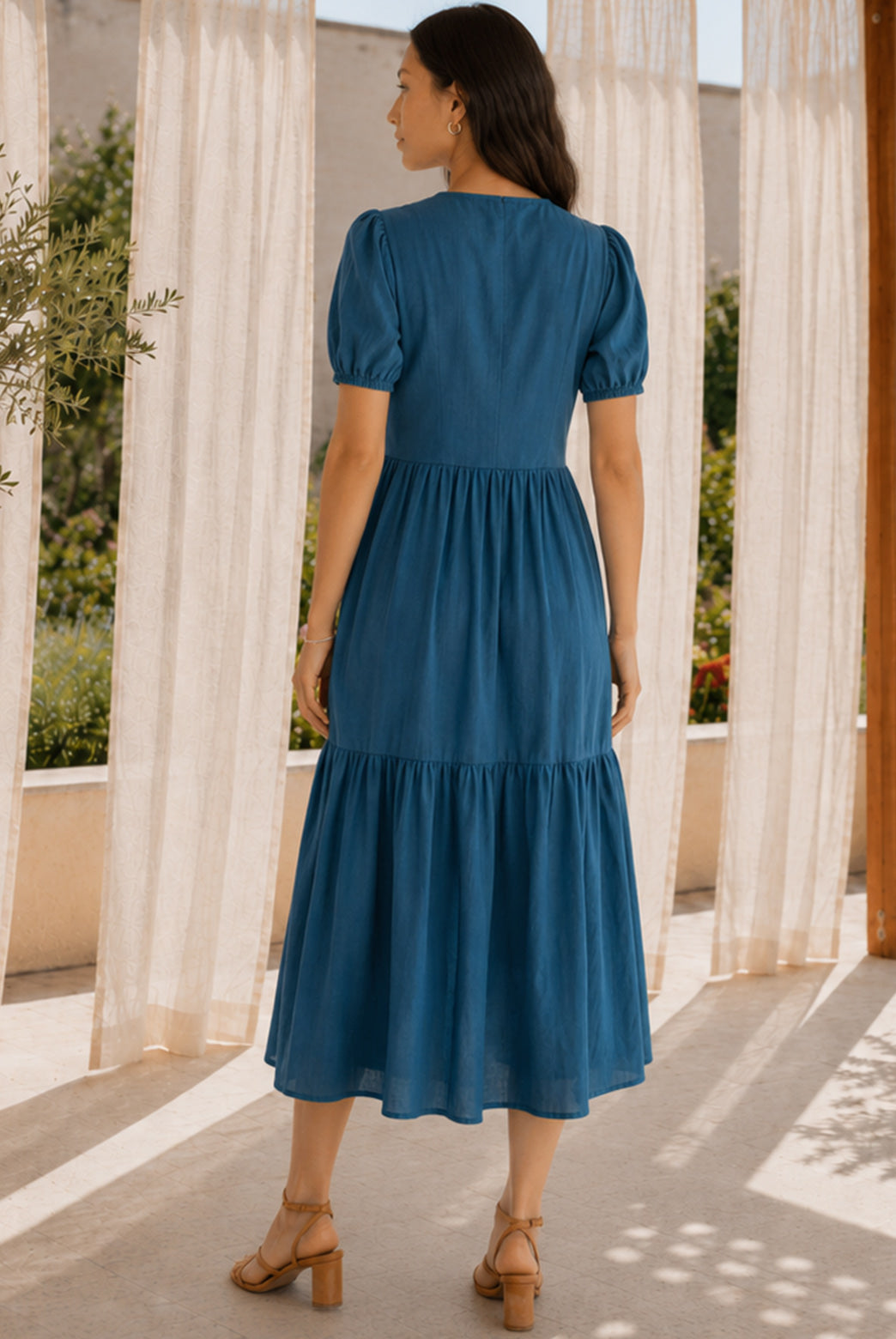Teal Blue Puff Sleeved Midi Dress