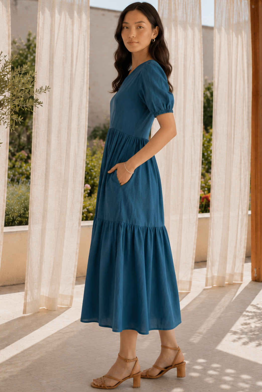 Teal Blue Puff Sleeved Midi Dress