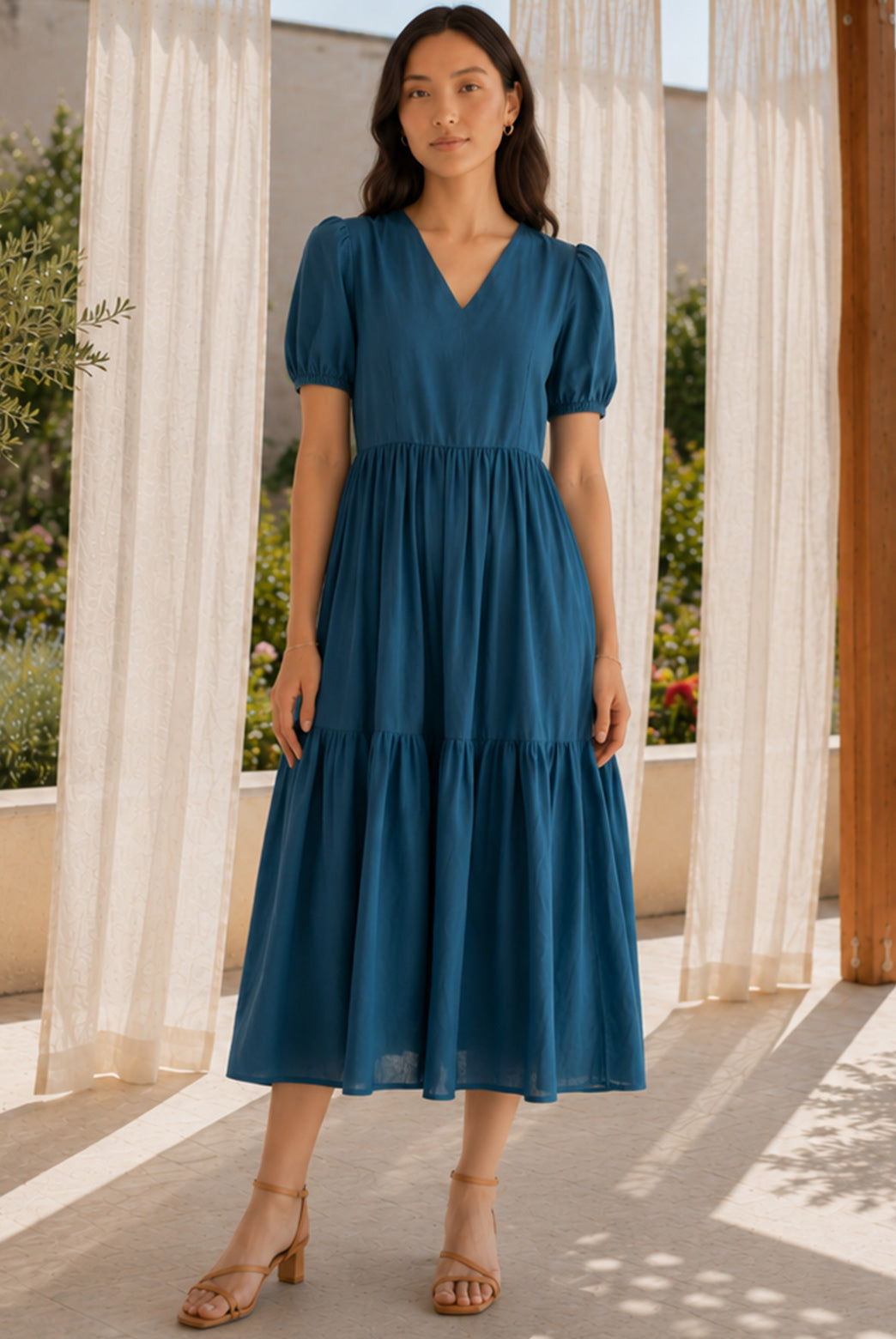 Teal Blue Puff Sleeved Midi Dress