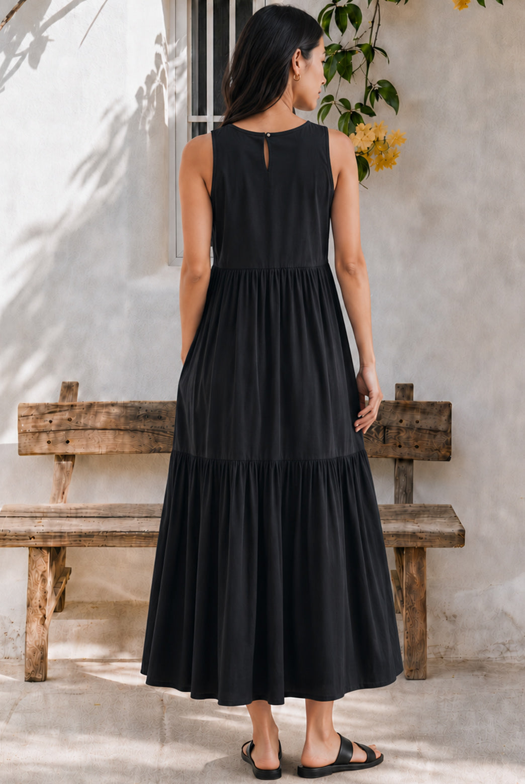 Black Cotton Tiered Maxi Dress