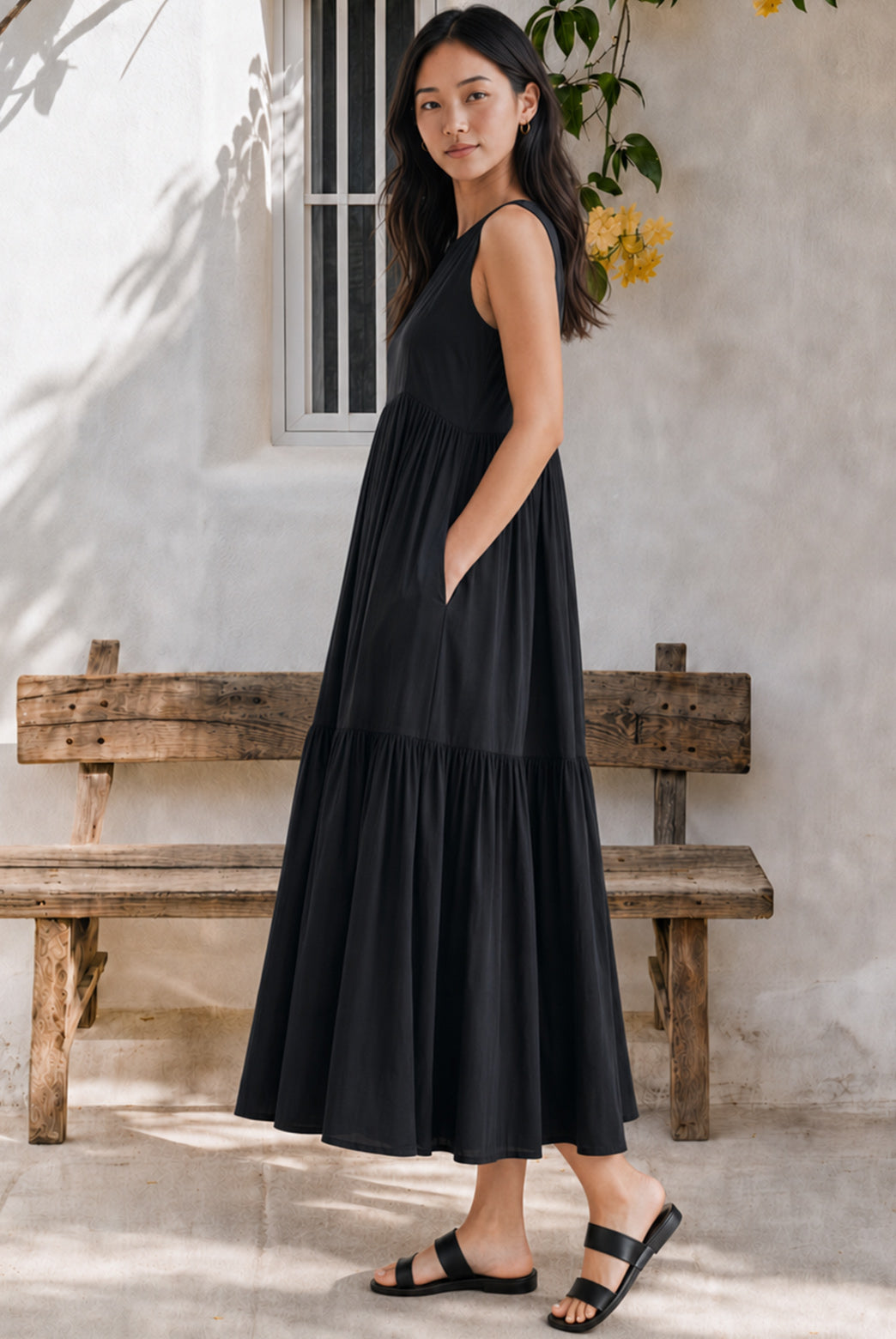 Black Cotton Tiered Maxi Dress