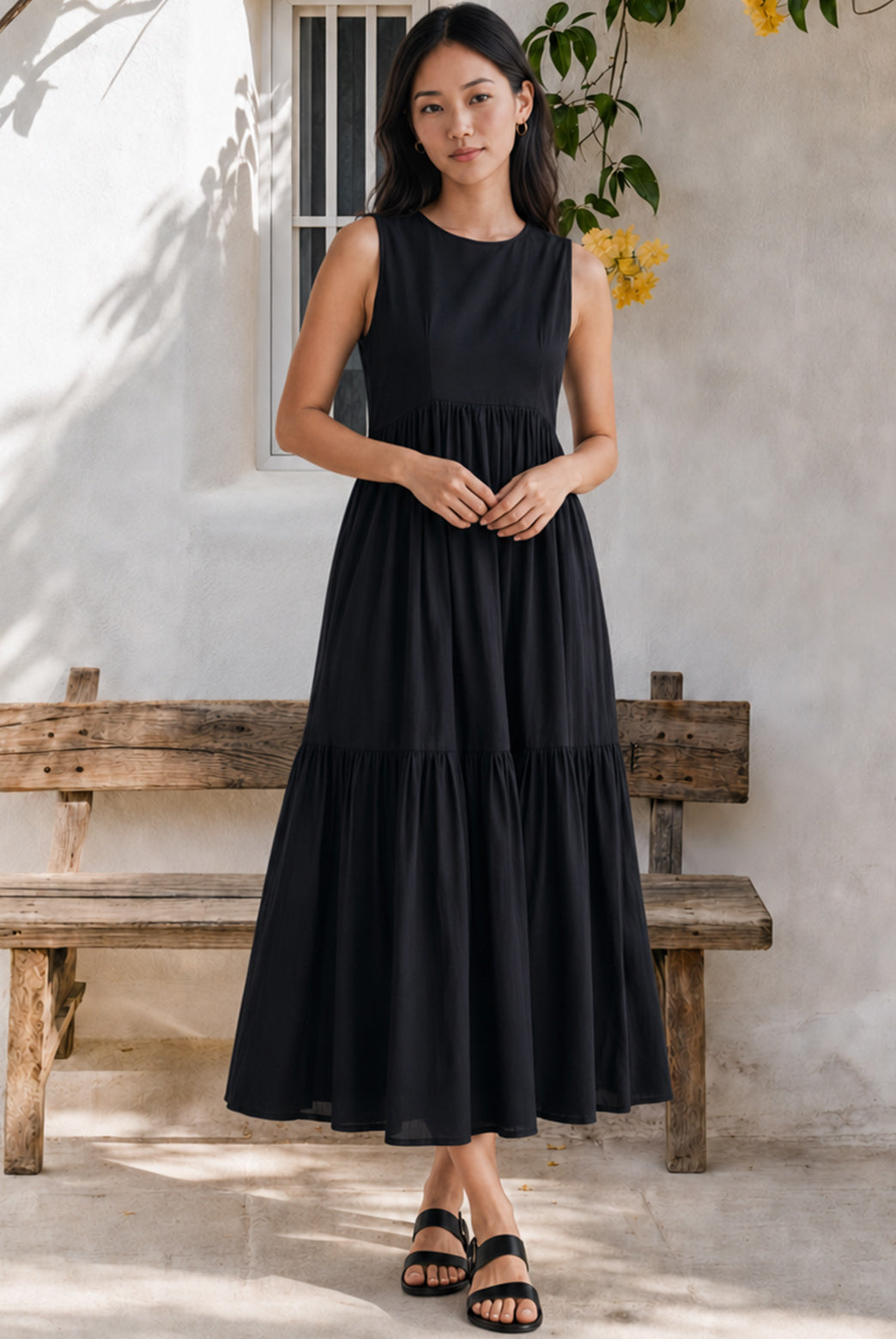 Black Cotton Tiered Maxi Dress