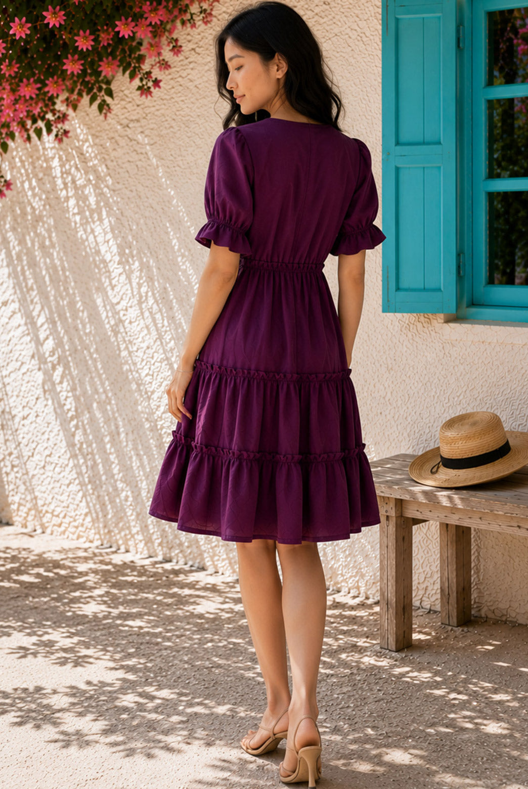 Purple Tiered Knee Length Dress