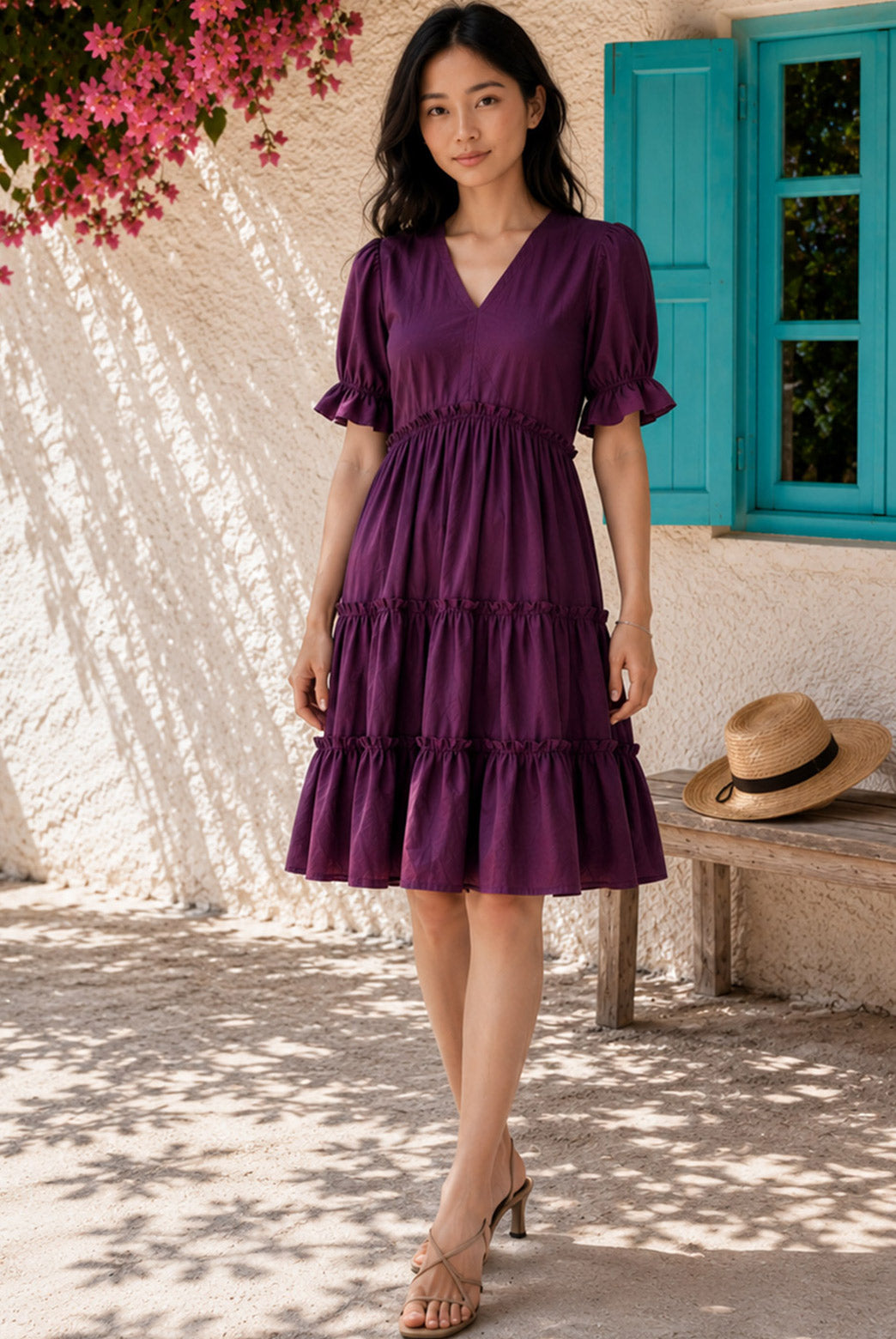 Purple Tiered Knee Length Dress